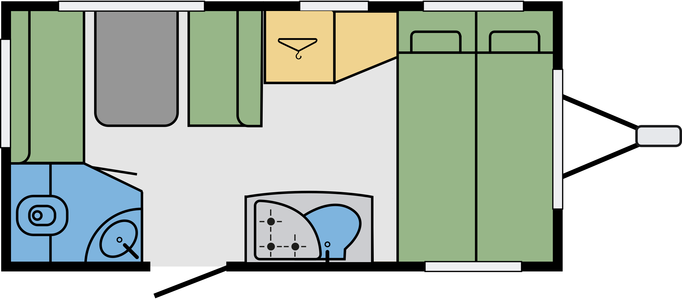dwars bed-treinzit-midden keuken-hoek toilet achterin